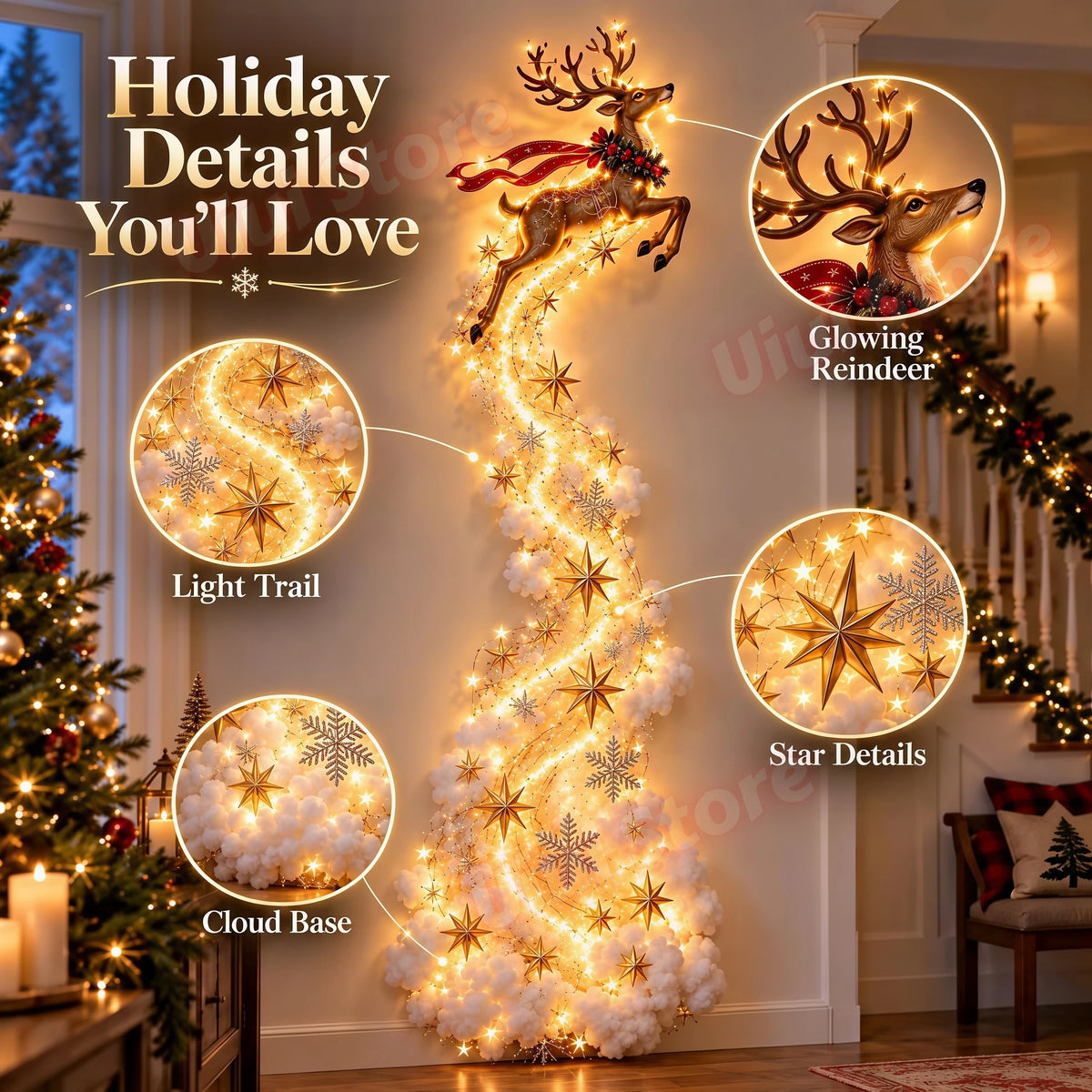 NOIREAM Weihnachtszauber | LED-Wanddekoration mit Weihnachtsmann, Rentieren & Schlitten