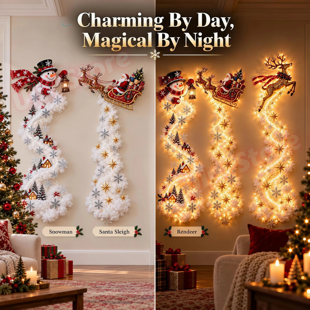 NOIREAM Weihnachtszauber | LED-Wanddekoration mit Weihnachtsmann, Rentieren & Schlitten