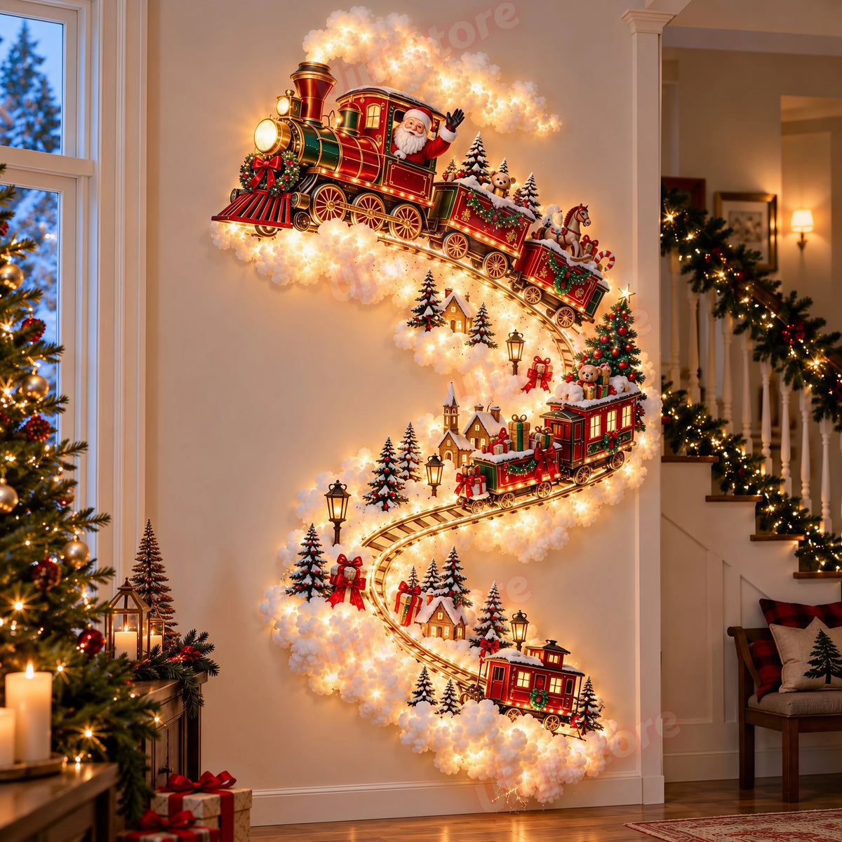 NOIREAM Weihnachtszauber | LED-Wanddekoration mit Weihnachtsmann, Rentieren & Schlitten